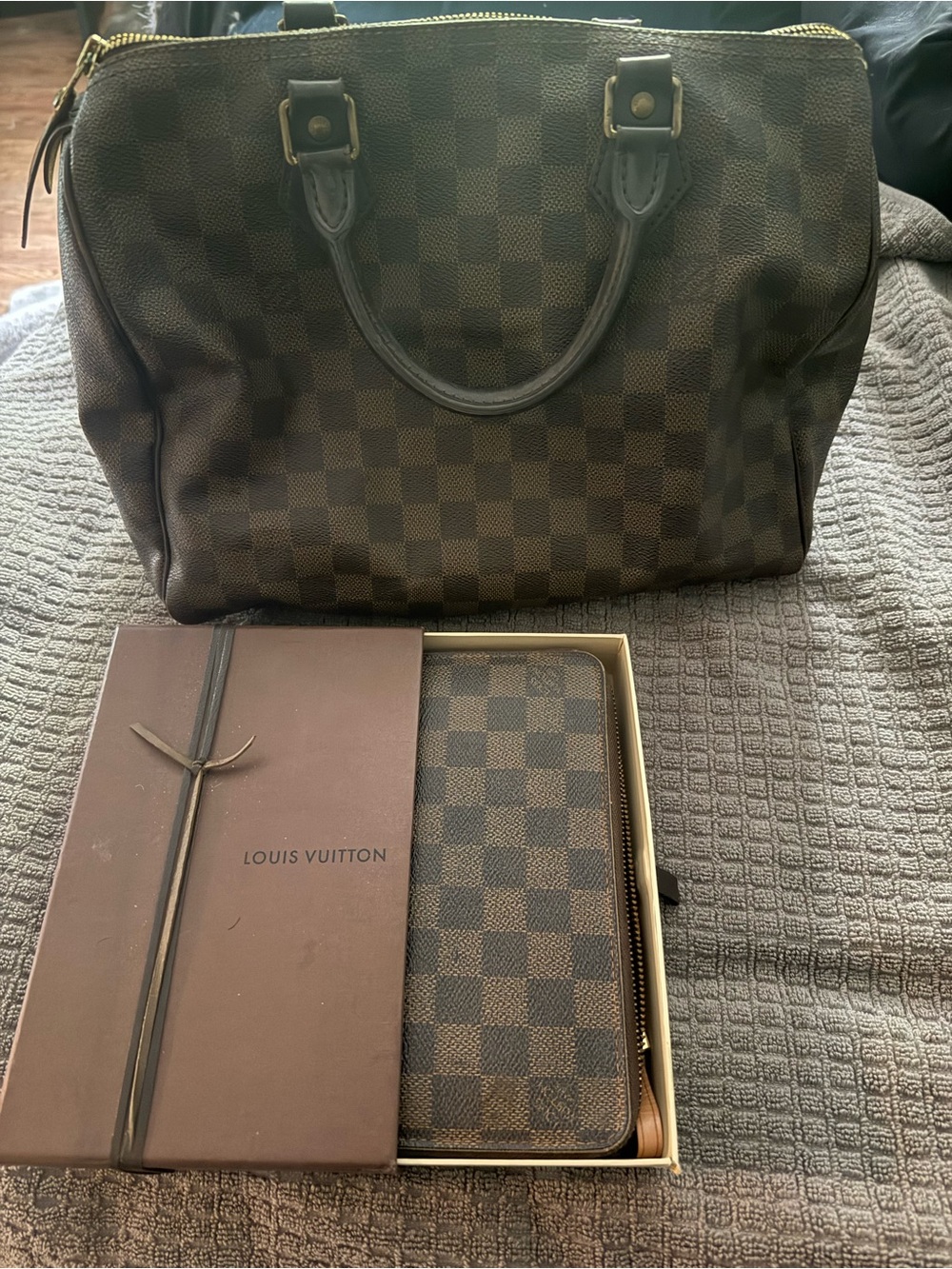 Authentic Louis Vuitton Damier Ebene Speedy 30 with matching wallet